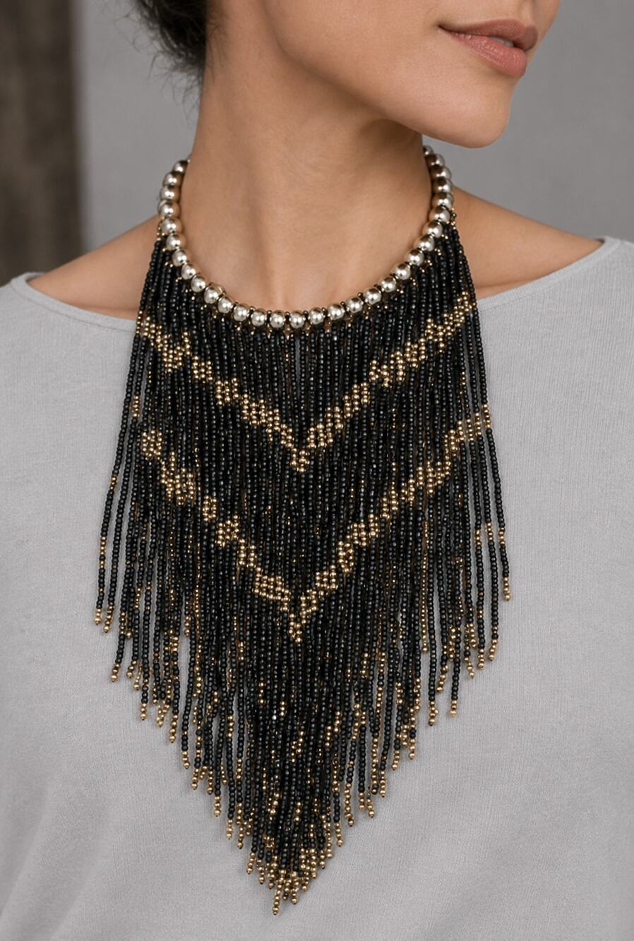 Dramatic Statement Necklace Long Beaded 11" Bib Black Silver 19" blu3-40‎